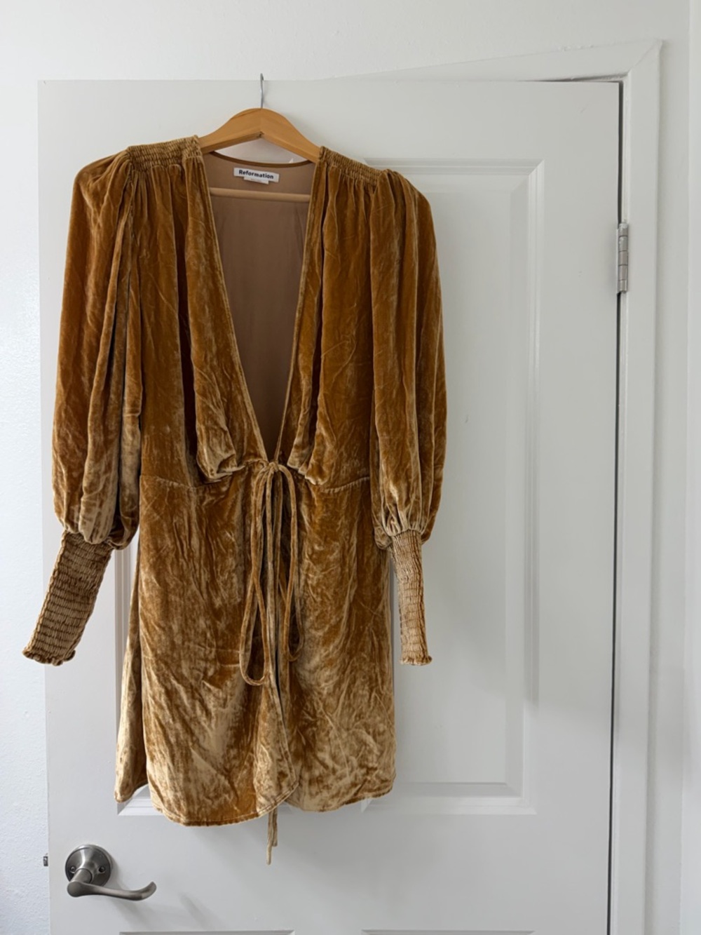 Reformation Velvet Mini Dress in Mustard Brown